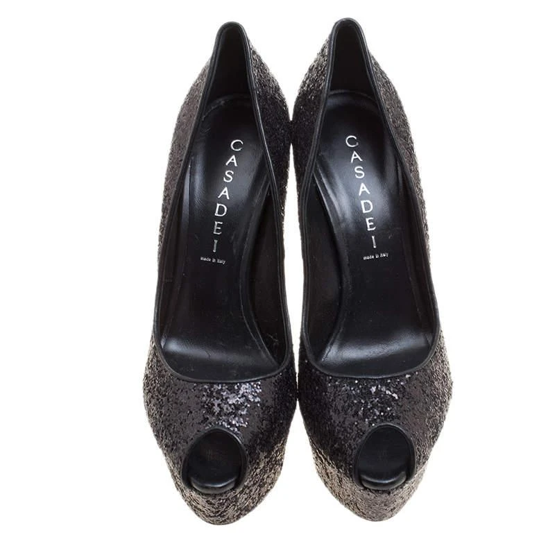 商品[二手商品] CASADEI|Casadei Black Glitter Peep Toe Platform Pumps Size 38.5,价格¥1263,第3张图片详细描述
