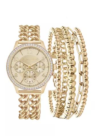 Gold Tone Double Strap Analog Watch and Layered Bracelet Set商品第1张图片规格展示