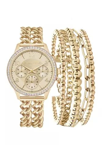 商品KENDALL & KYLIE|Gold Tone Double Strap Analog Watch and Layered Bracelet Set,价格¥713,第1张图片