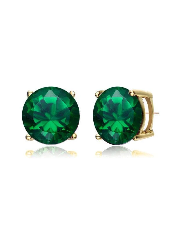 商品Genevive|Sterling Silver Gold Plated Emerald Cubic Zirconia Solitaire Stud Earrings,价格¥227,第1张图片