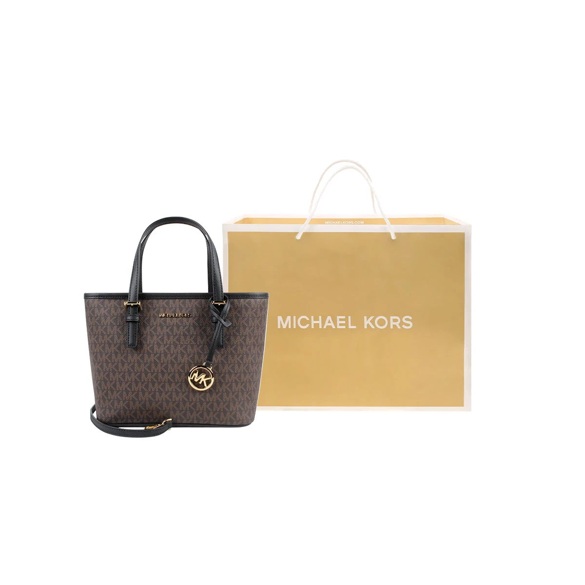 商品[国内直发] Michael Kors|迈克高仕 MK Jet Set 老花拼色 涂层帆布拼皮革饰边 托特包Tote包购物袋单肩斜挎手提包 迷你 女款 黑色拼棕色,价格¥1212,第5张图片详细描述