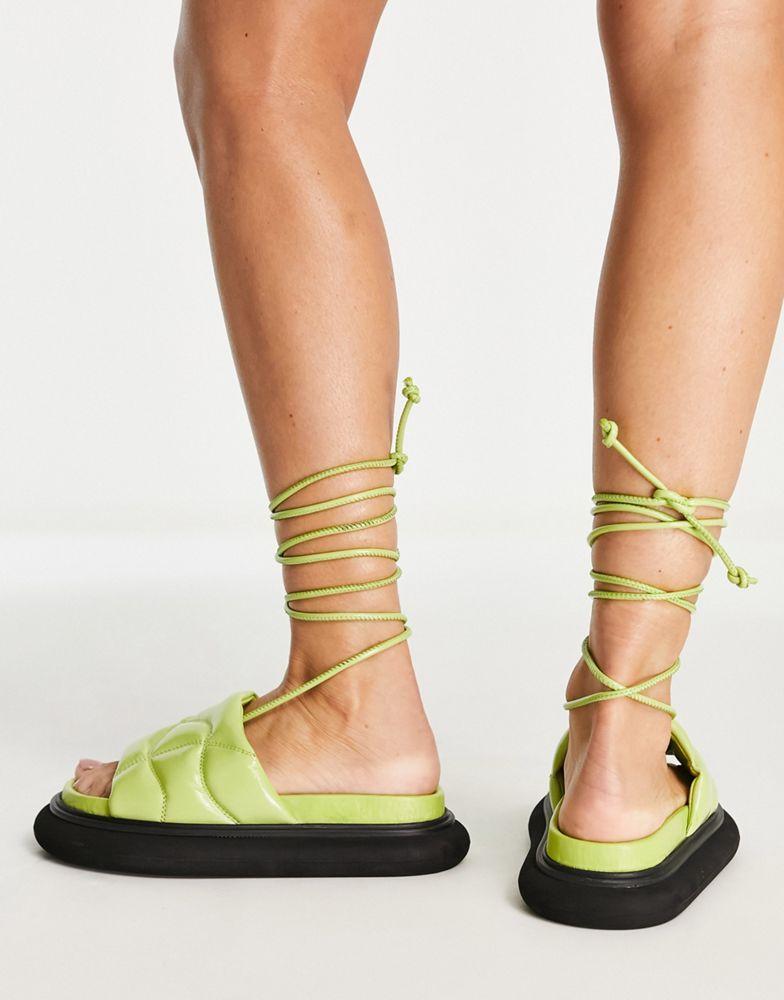 商品Topshop|Topshop Peach premium leather padded flat sandal with ankle tie in lime,价格¥261,第6张图片详细描述