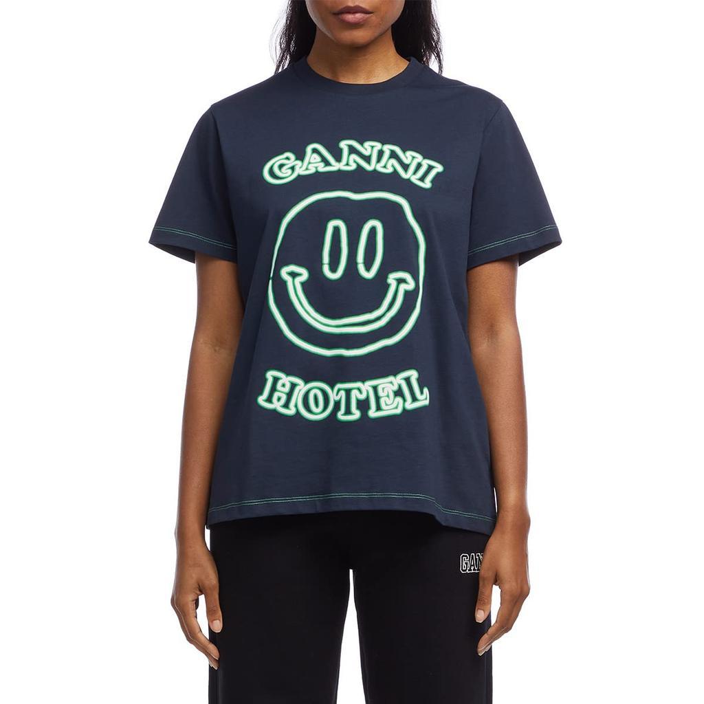 商品Ganni|Basic Cotton Jersey Crew Neck Dark T-Shirt,价格¥396,第4张图片详细描述