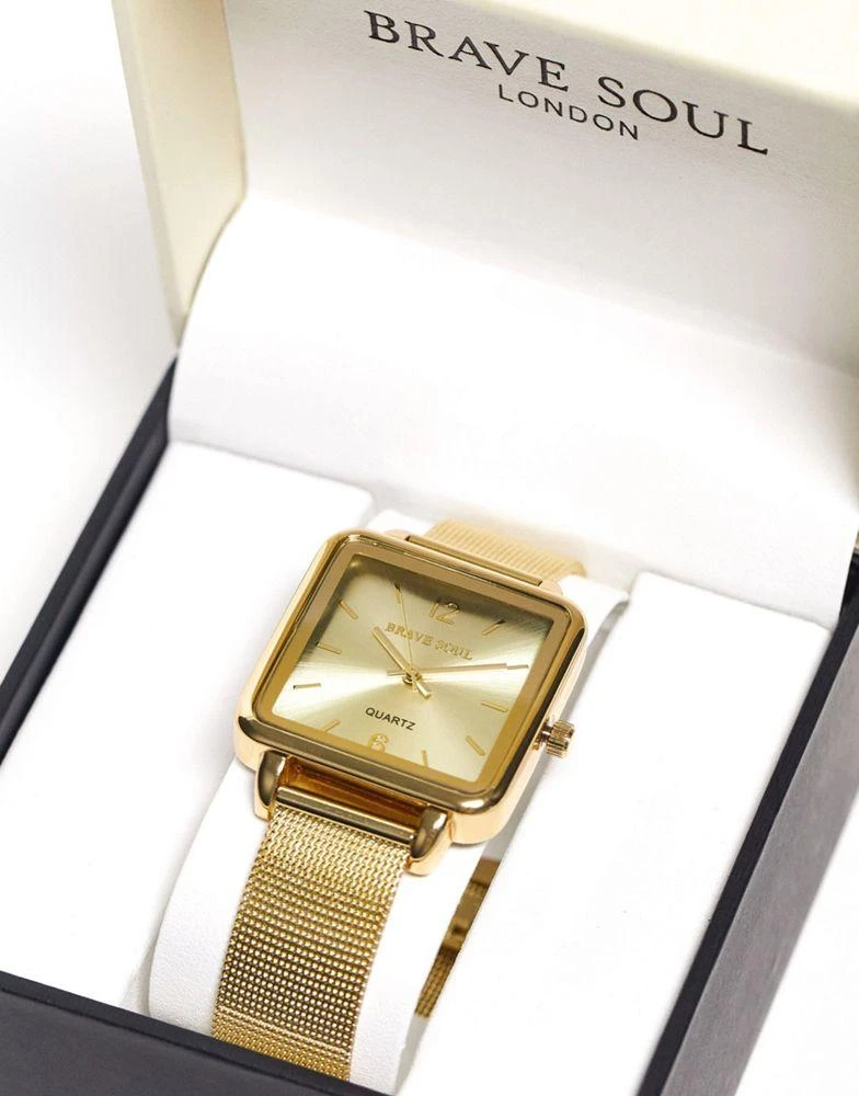 商品Brave Soul|Brave Soul mesh strap watch with sqaure dial in gold,价格¥196,第3张图片详细描述