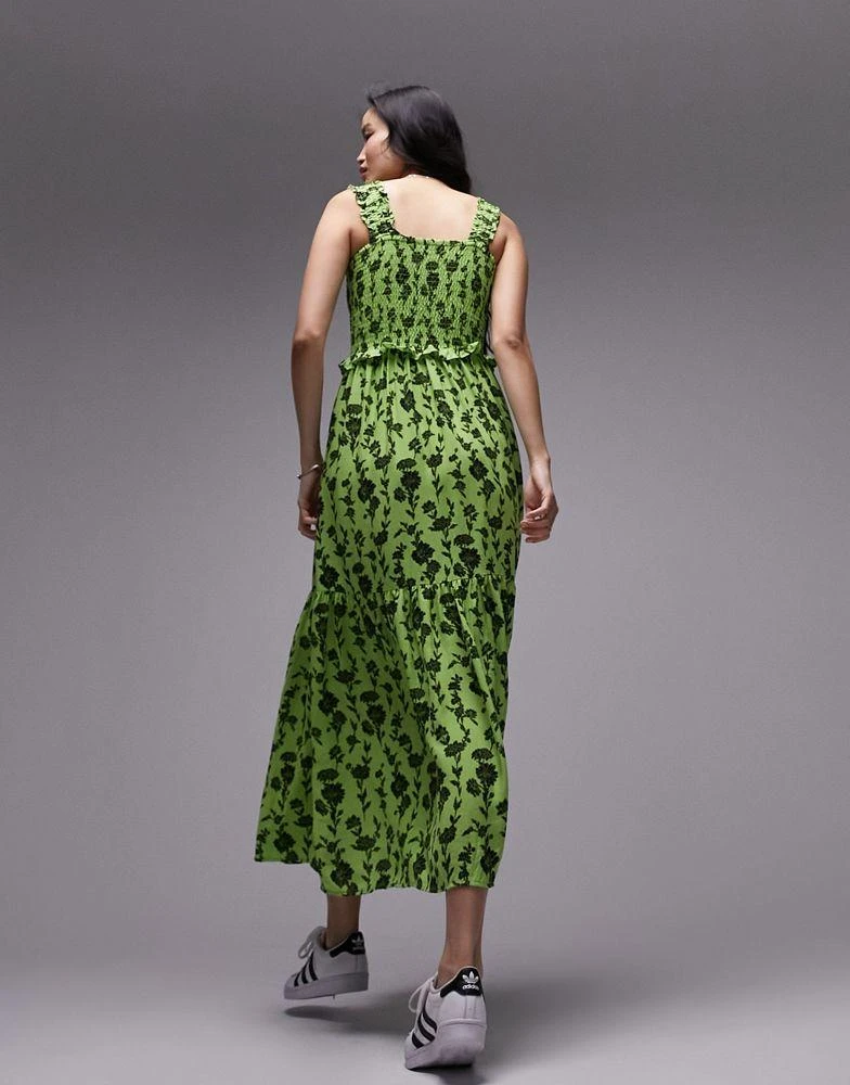 商品Topshop|Topshop shirred pinny midi dress in green and black floral,价格¥252,第2张图片详细描述