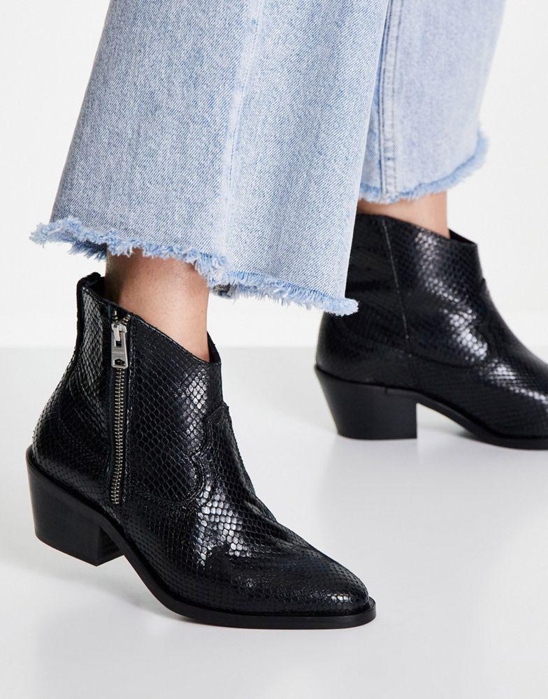 商品ALL SAINTS|All Saints carlotta snake leather heeled side zip ankle boots in black,价格¥1171,第6张图片详细描述