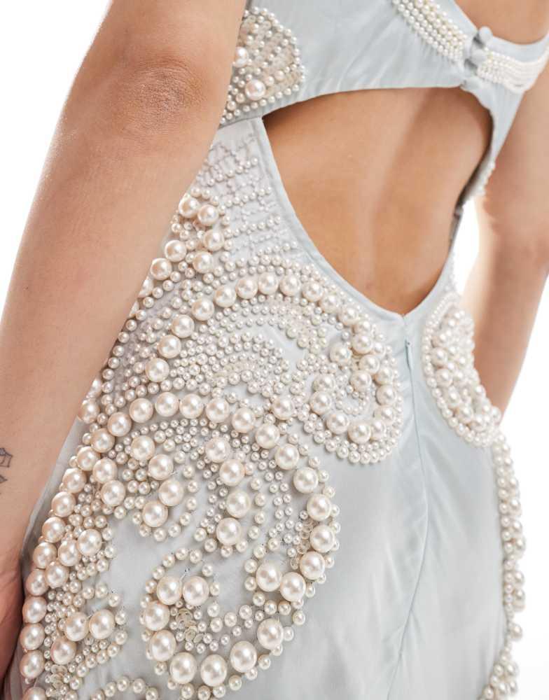Shop ASOS DESIGN pearl embellished satin maxi dress in ice blue on Sale at BeyondStyle – Get 35% Off ASOS DESIGN pearl embellished satin maxi dress in ice blue with Limited-Time Flash