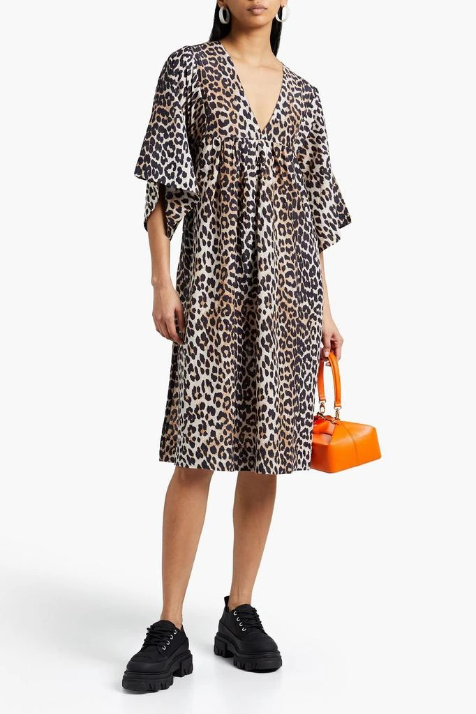 商品Ganni|Pleated leopard-print cotton and silk-blend voile dress,价格¥609,第4张图片详细描述