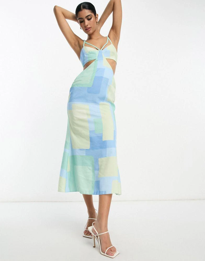 商品ASOS|ASOS DESIGN washed multi strap cut out midi dress in aqua geometric print,价格¥99,第3张图片详细描述