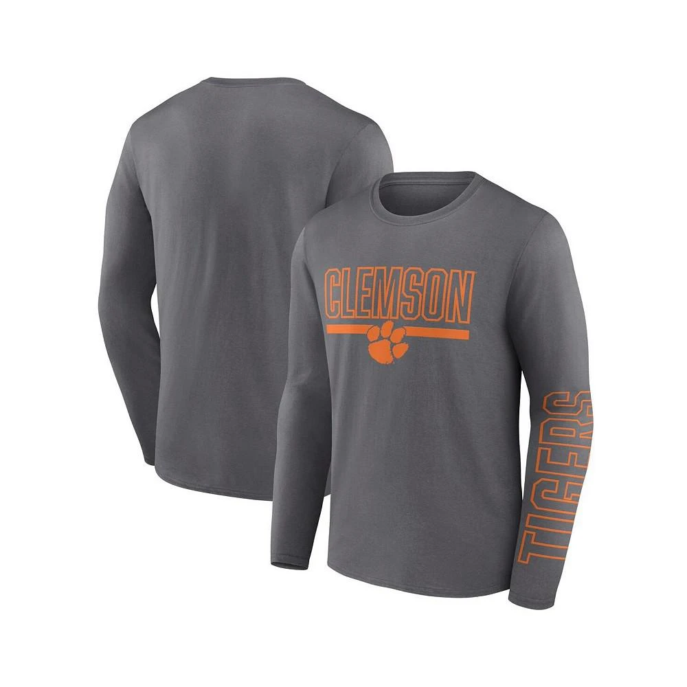 商品Fanatics|Men's Branded Heather Charcoal Clemson Tigers Modern Two-Hit Long Sleeve T-shirt,价格¥265,第1张图片