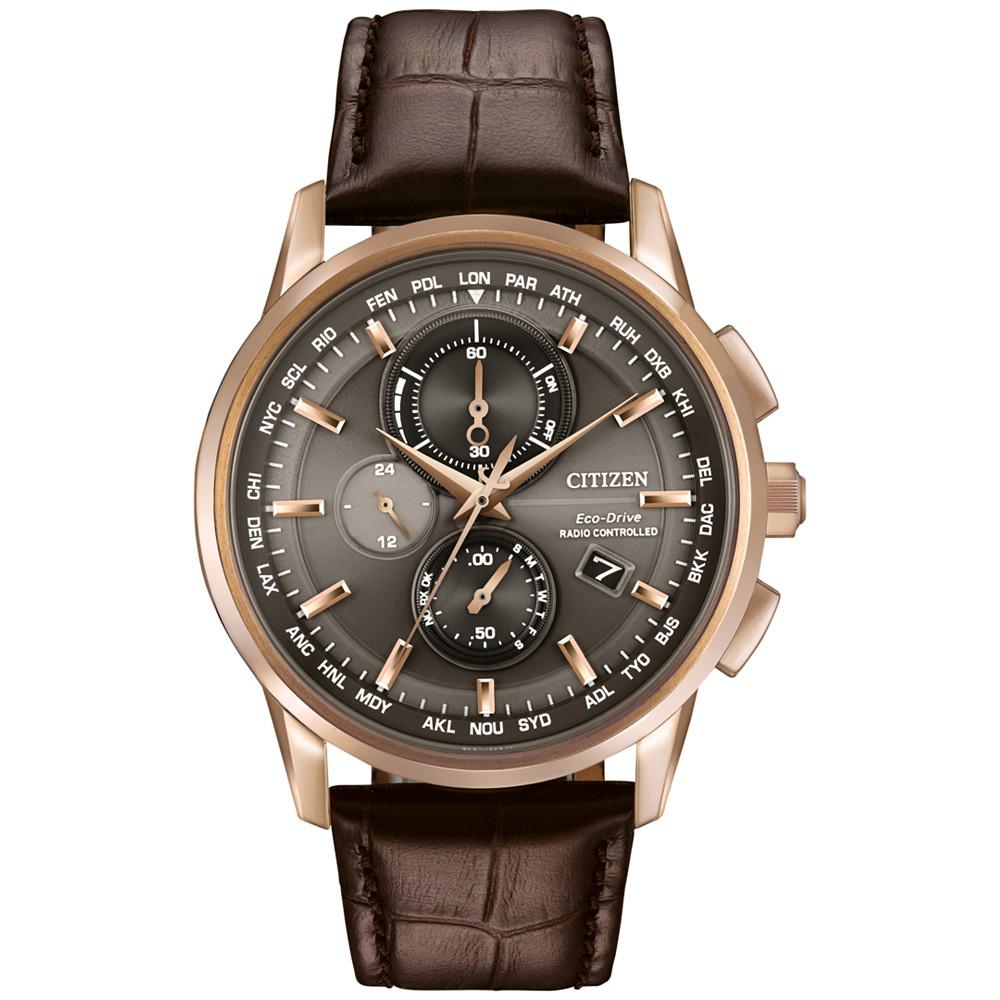 Men's World Chronograph Time AT Eco-Drive Brown Leather Strap Watch 43mm AT8113-04H商品第1张图片规格展示