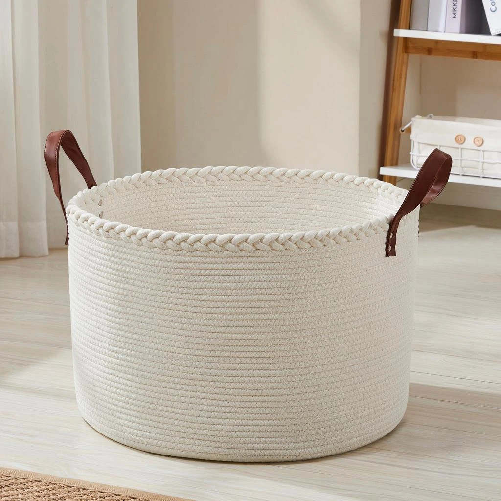 商品Ornavo Home|Extra Large Round Cotton Rope Storage Basket Laundry Hamper with Leather Handles,价格¥290,第5张图片详细描述