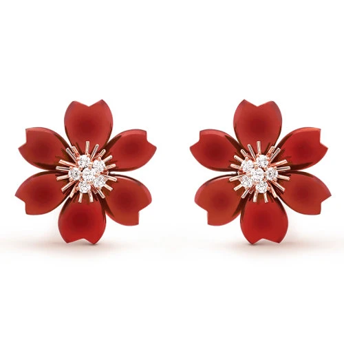 商品Van Cleef & Arpels| Van Cleef & Arpels/梵克雅宝 经典Rose de Noël系列 18k金玫瑰金镶嵌钻石红玉小号玫瑰耳环VCARO9B500,价格¥231211,第1张图片