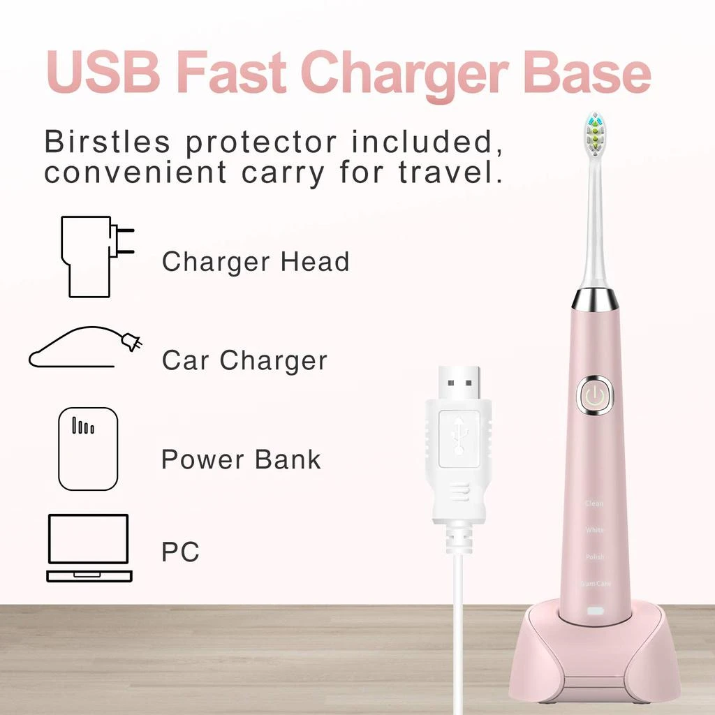 商品HANASCO|Hanasco Sonic Electric Toothbrush Rechargeable for Adults, 4 Modes with Build in 2 Mins Timer, 3 Brush Heads Included, Whitening Clean 4 Hours Charge for 30 Days Use, Soft Bristles, 38,000 VPM Pink,价格¥303,第5张图片详细描述