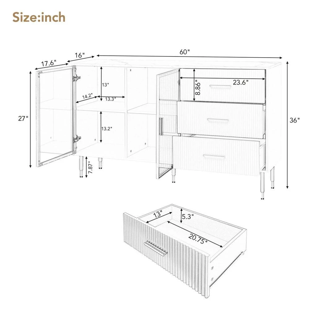 商品Simplie Fun|Modern Sideboard MDF Buffet Cabinet Marble Sticker Table Top and Amber-yellow Tempered Glass Doors,价格¥4866,第3张图片详细描述
