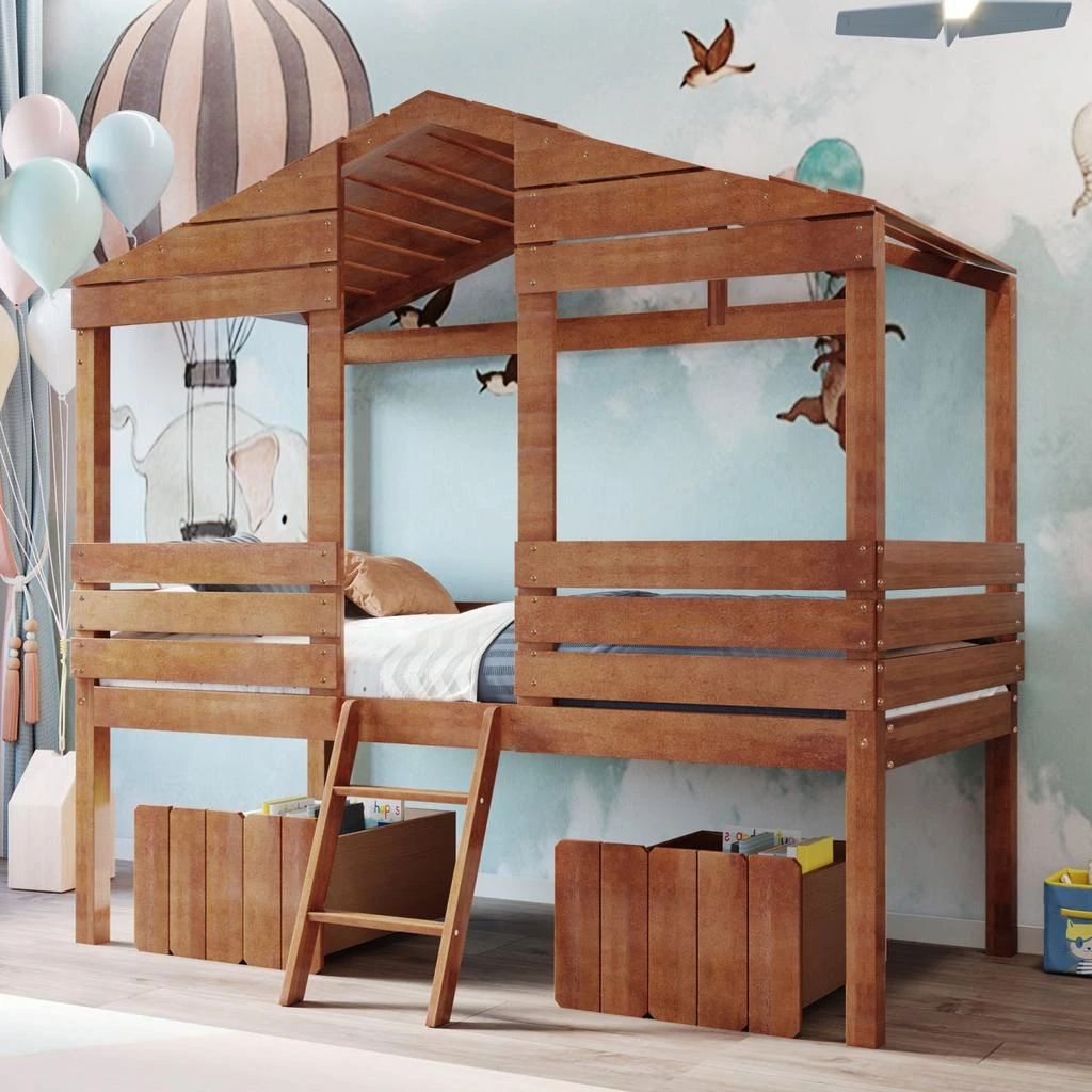 商品Simplie Fun|Twin Size Low Loft Wood House Bed,价格¥4533,第1张图片