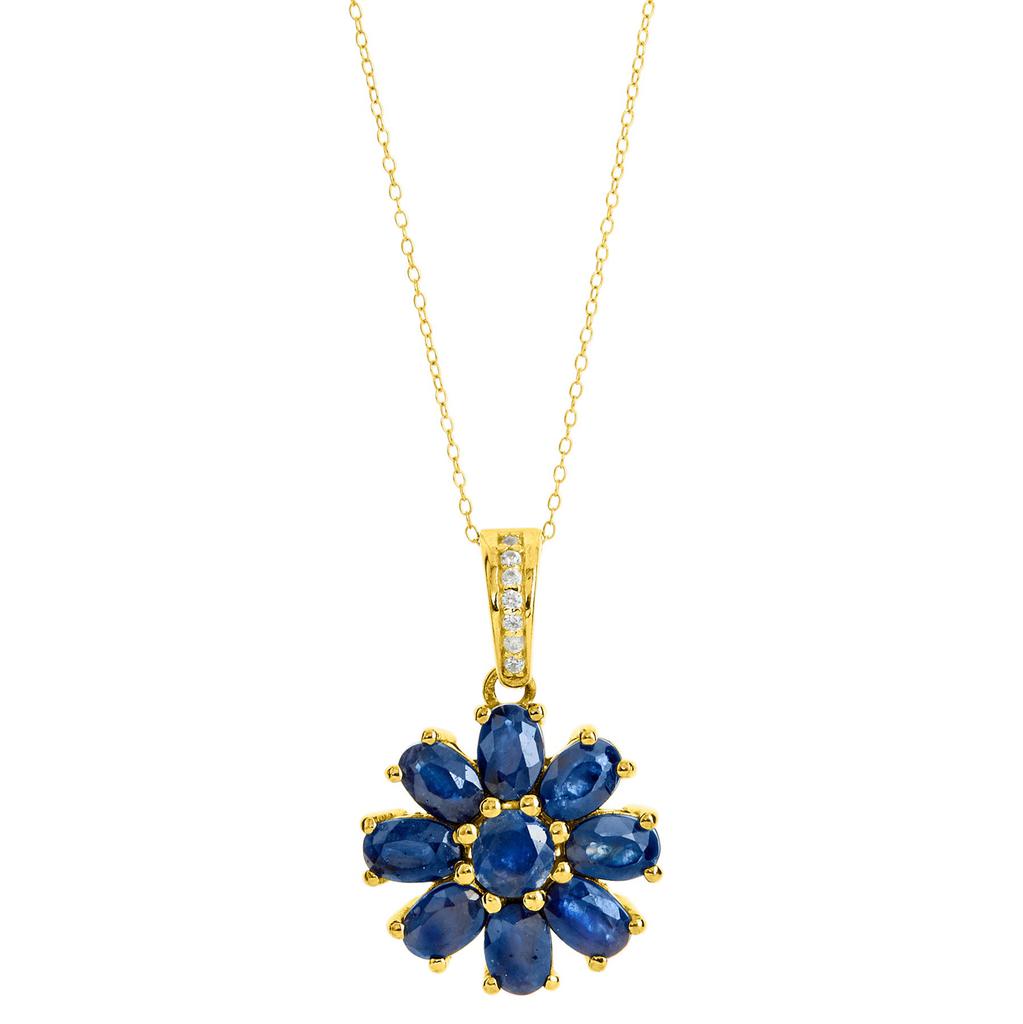 18K Gold Vermeil 5.55Gtw Blue Sapphire Flower Pendant W/ Chain商品第1张图片规格展示