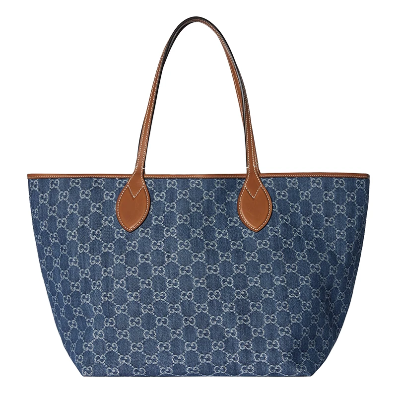 商品Gucci|Gucci古驰25新款 女士中号蓝色牛仔布GG标识皮革饰边手提包,价格¥14429,第1张图片