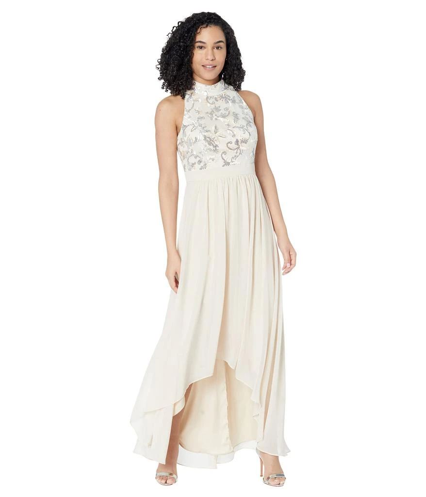 商品Vince Camuto|High Neck Haltered Sequin Top Gown with High-Low Chiffon Skirt,价格¥1861,第1张图片