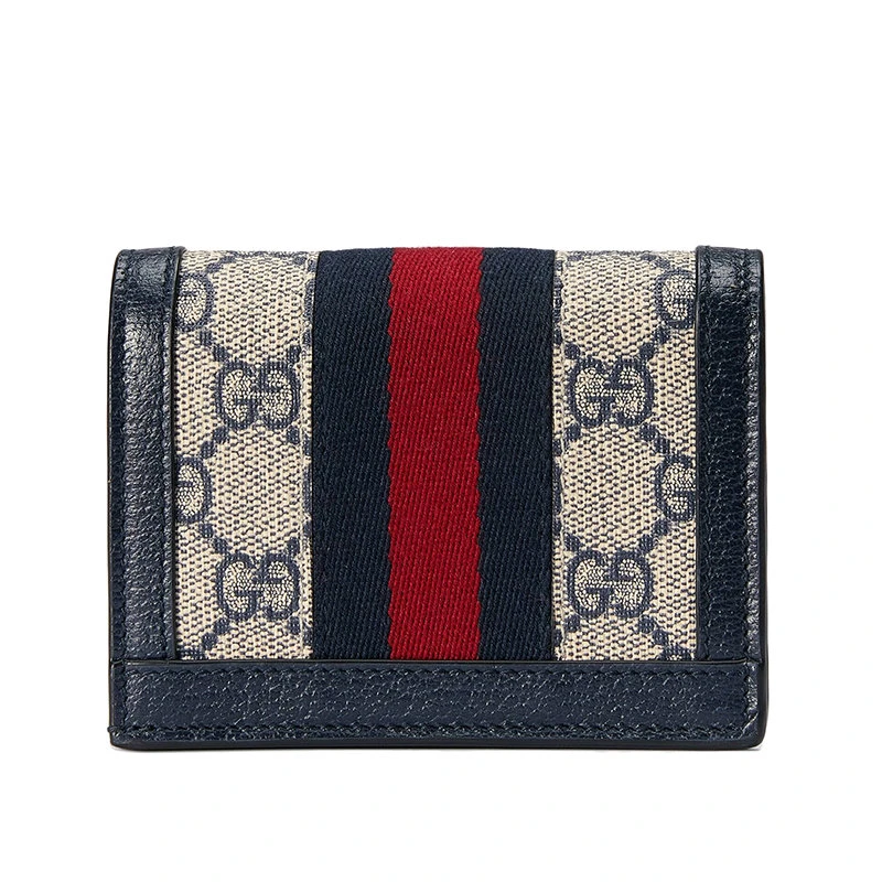 商品Gucci|【预售3-7天】GUCCI/古驰 Ophidia系列 女士米色/蓝色老花帆布红蓝织带配蓝色皮革双G多隔层折叠零钱包卡包 52315596IWN4076,价格¥3127,第6张图片详细描述