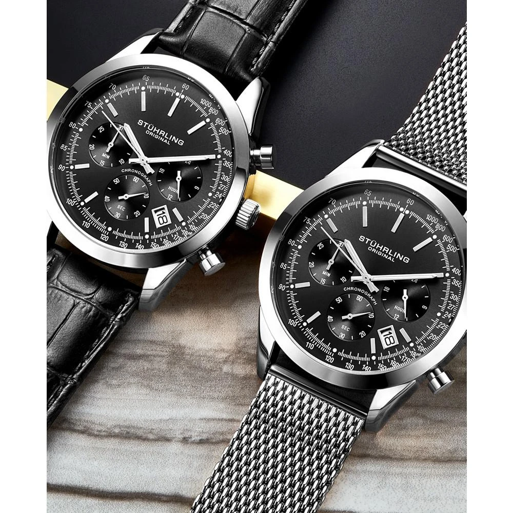 商品Stuhrling|Men's Quartz Chronograph Date Silver-Tone Stainless Steel Mesh Bracelet Watch 44mm,价格¥638,第2张图片详细描述