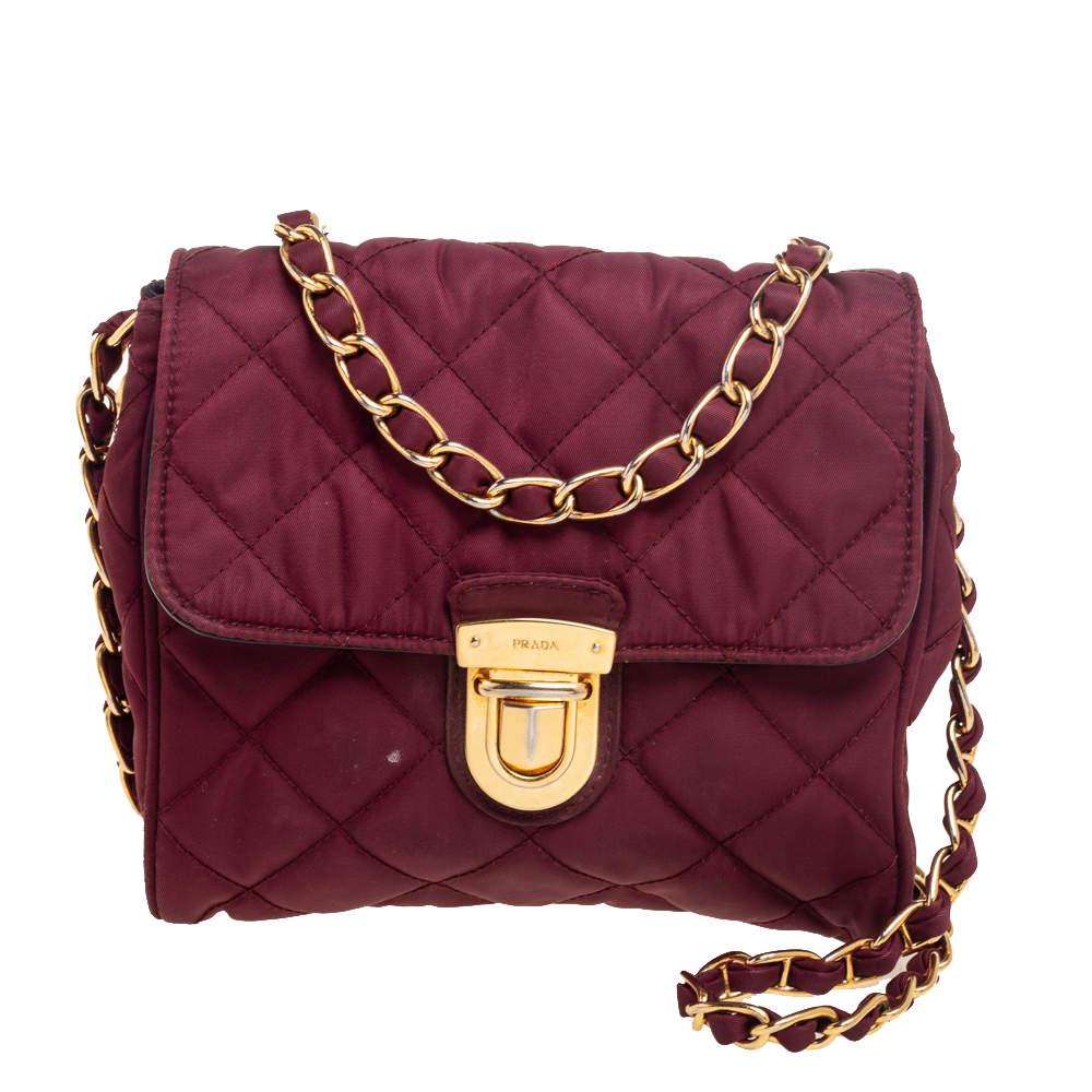 Prada Burgundy Quilted Satin Flap Chain Shoulder Bag商品第1张图片规格展示