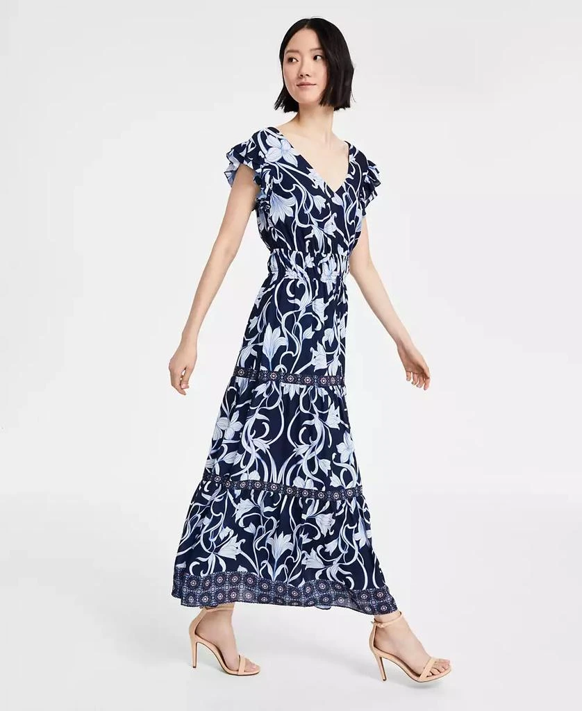 商品Anne Klein|Women's Printed Border-Trim Drawstring Maxi Dress,价格¥593,第2张图片详细描述