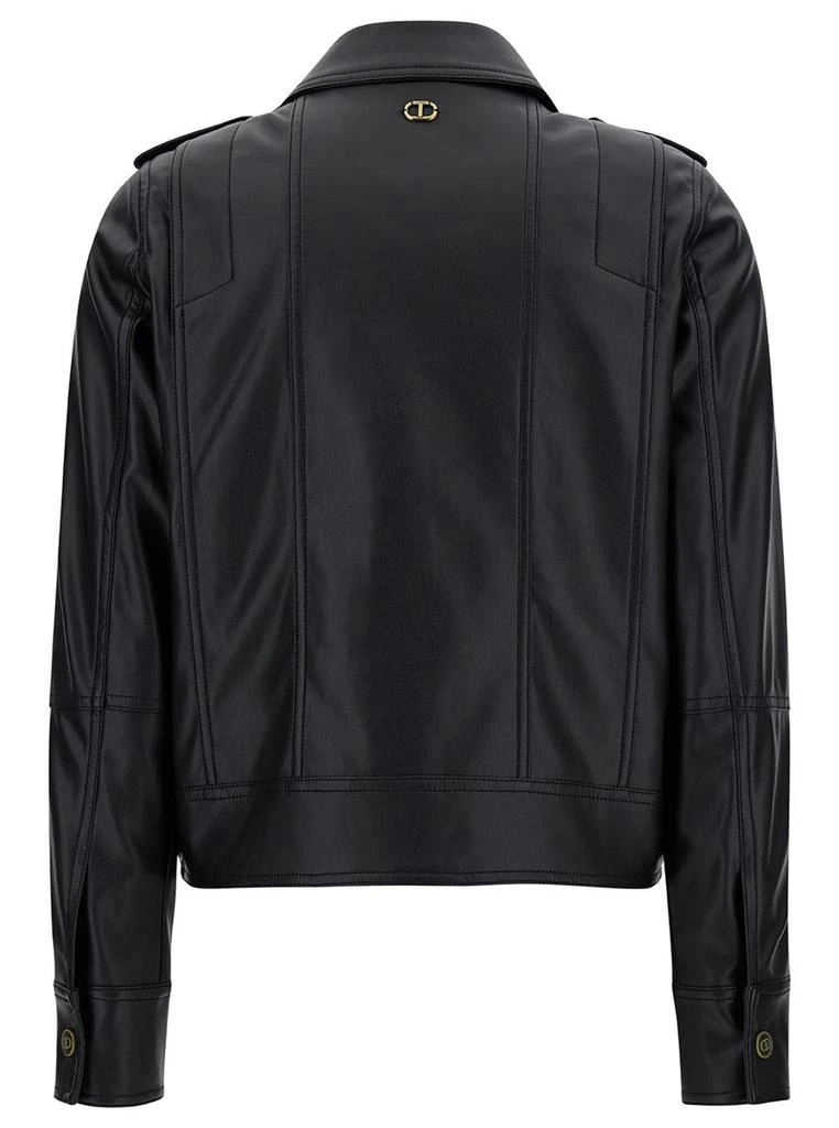 商品TWINSET|Black Crop Jacket with Patch Pockets in Faux Leather Woman,价格¥2098,第2张图片详细描述