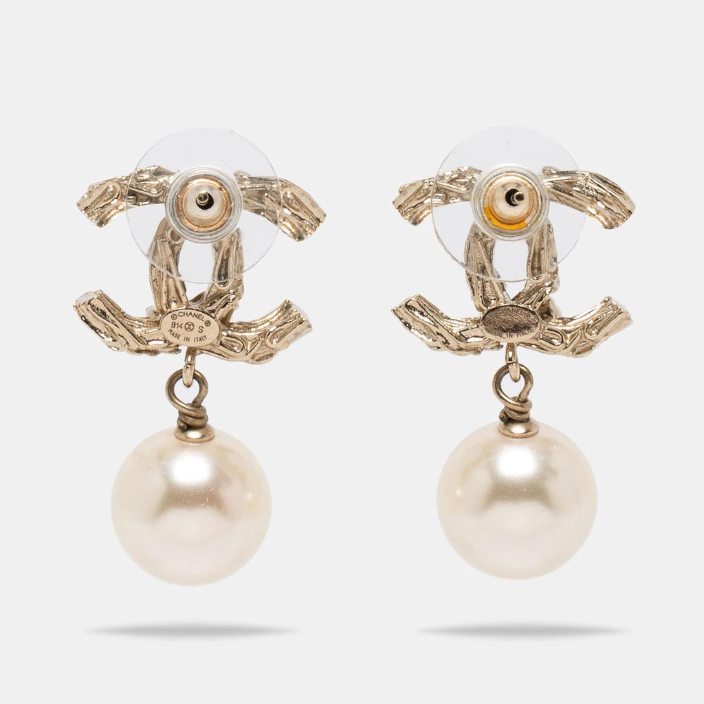 Chanel CC Faux Pearl Crystals Gold Tone Drop Earrings商品第3张图片规格展示