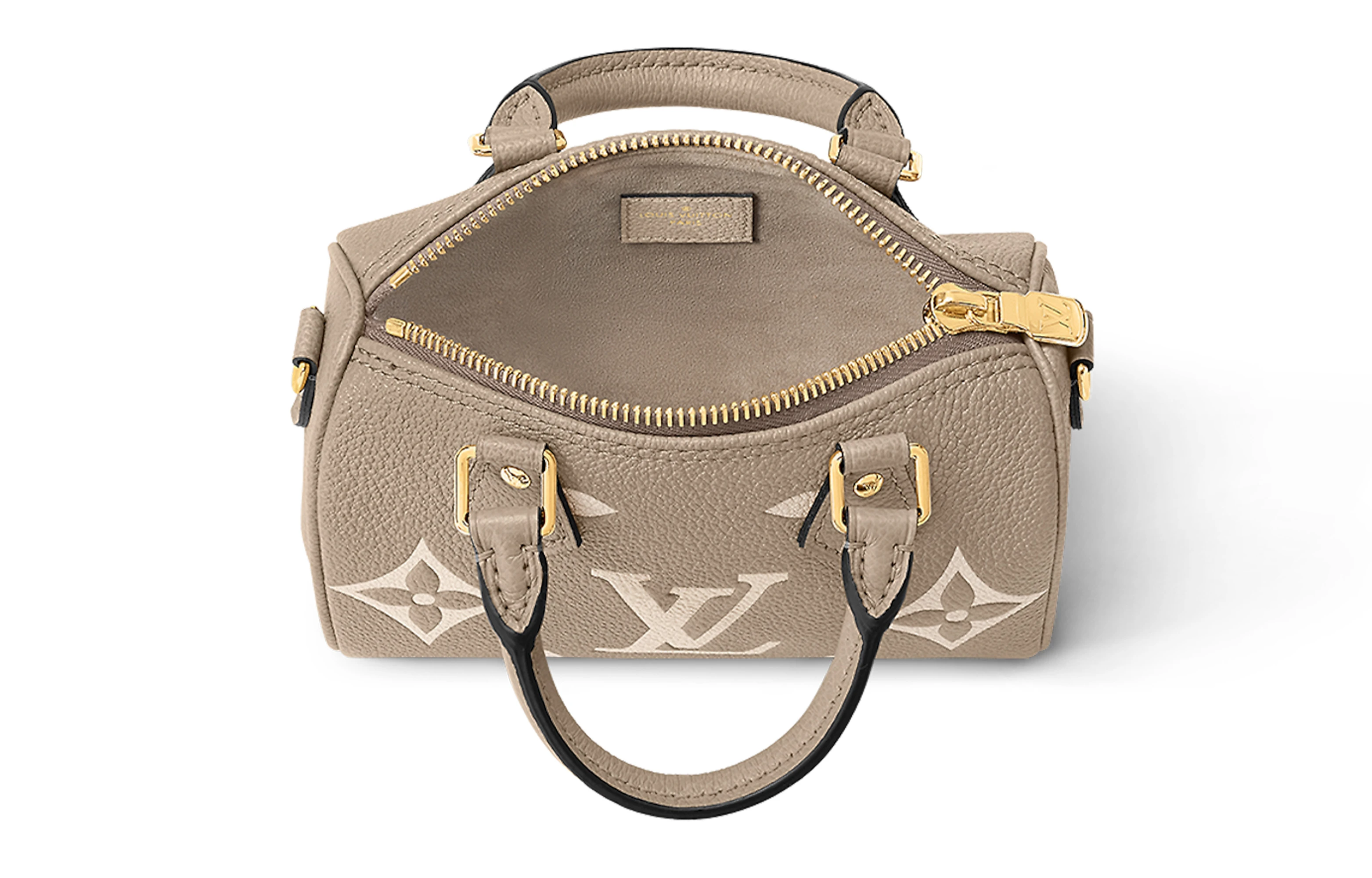 商品[国内直发] Louis Vuitton|Speedy Nano 可拆卸可调节肩带拉链开合压花 柔软粒面牛皮 手提单肩斜挎包 超迷你 女款 托特雷尔灰拼奶油色,价格¥17983,第5张图片详细描述