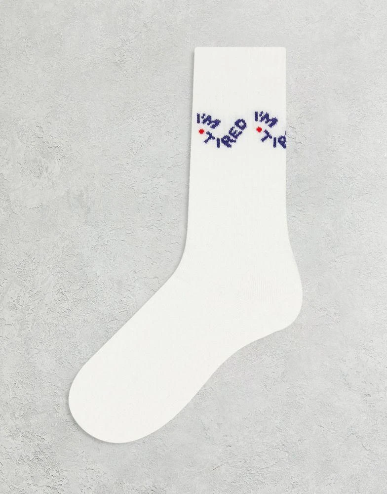 商品ASOS|ASOS DESIGN im tired slogan socks in white,价格¥34,第1张图片