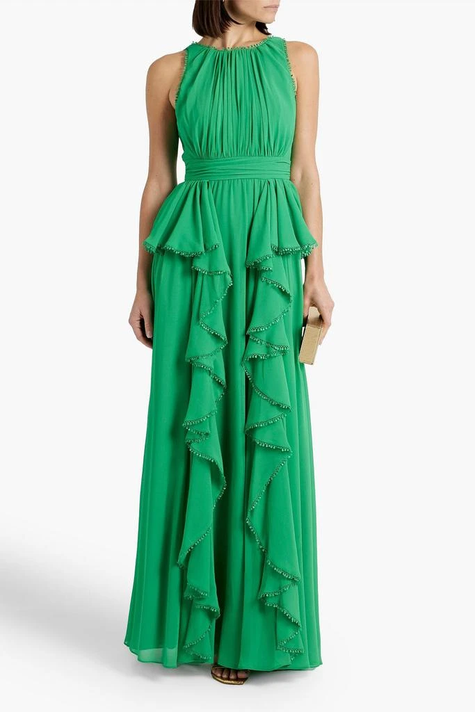 商品Badgley Mischka|Crochet-trimmed ruffled crepe midi dress,价格¥2228,第2张图片详细描述