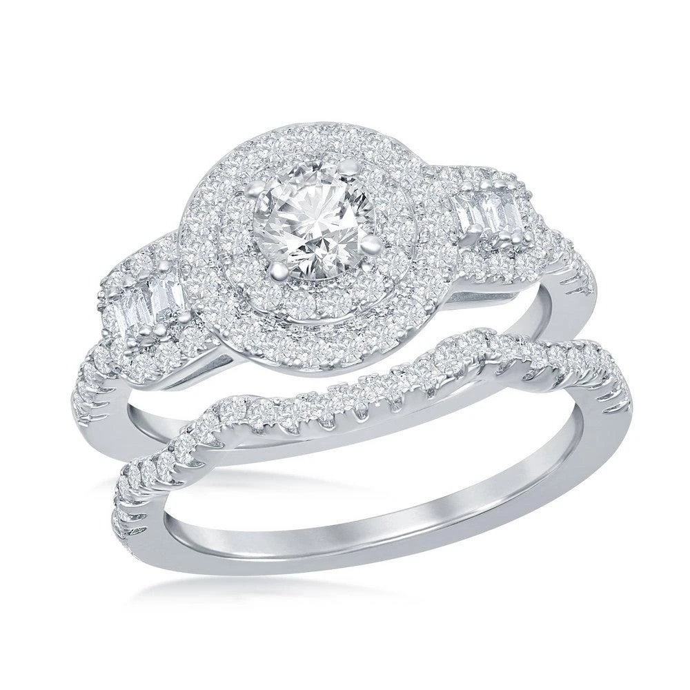 商品Simona|Sterling Silver Round Double Halo Baguette CZ Side Stones Engagement Ring Set,价格¥435,第1张图片