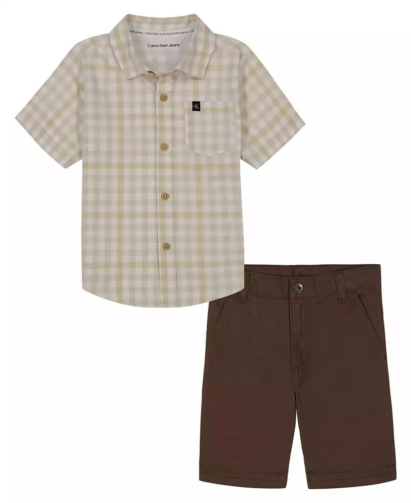 商品Calvin Klein|Toddler Boys Plaid Short Sleeve Button-Up Shirt and Twill Shorts, 2 Piece Set,价格¥112,第1张图片