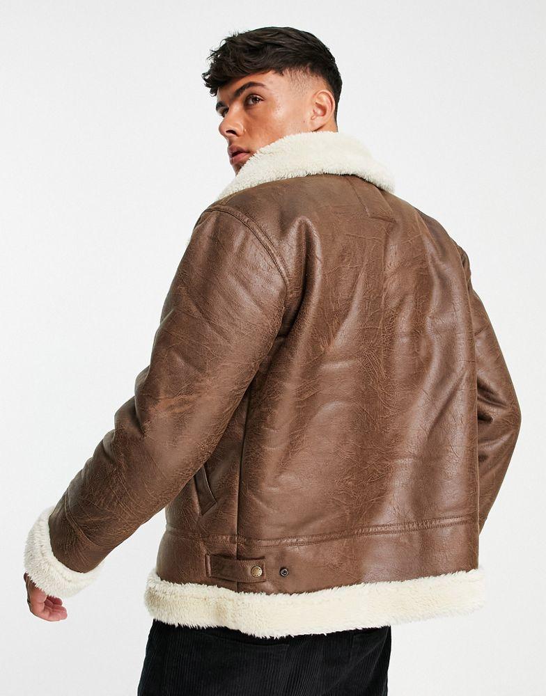 Alpha Industries B3 faux leather shearling flight jacket in brown商品第2张图片规格展示