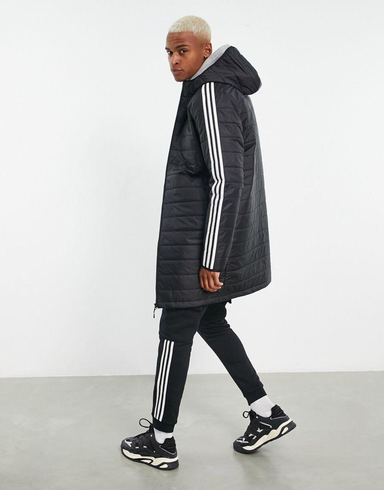 adidas Originals Adicolor 3 stripe hooded longline puffer jacket in black商品第4张图片规格展示