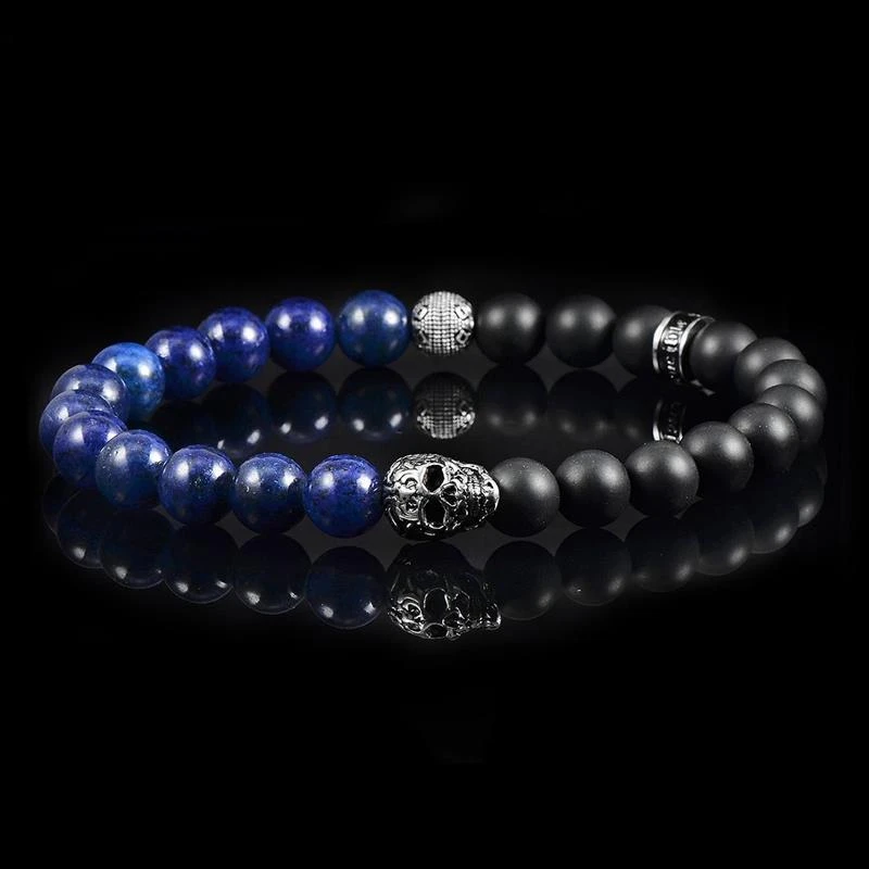 商品Crucible Jewelry|Crucible Los Angeles Single Gold Skull Stretch Bracelet with 8mm Matte Black Onyx and Lapis Lazuli Beads,价格¥356,第4张图片详细描述