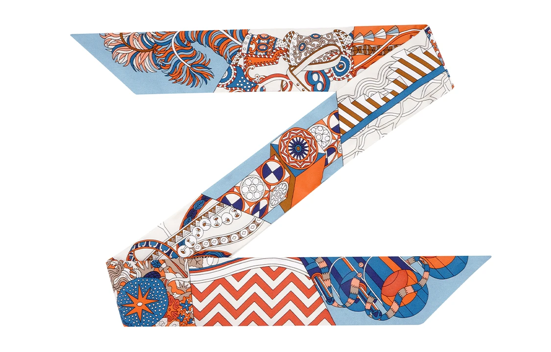 商品[国内直发] Hermes|爱马仕 \"从洋伞到对决\"l'Ombrelle aux Duels twilly 小丝带 蓝色/南瓜黄/奶油色 丝巾 女款,价格¥1918,第1张图片