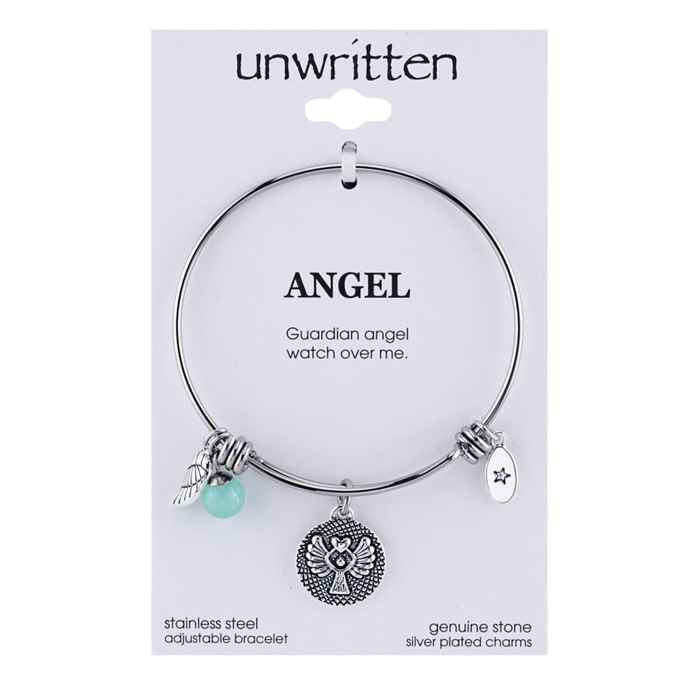 商品Unwritten|Angel Charm and Amazonite (8mm) Bangle Bracelet in Stainless Steel with Silver Plated Charms,价格¥143,第1张图片