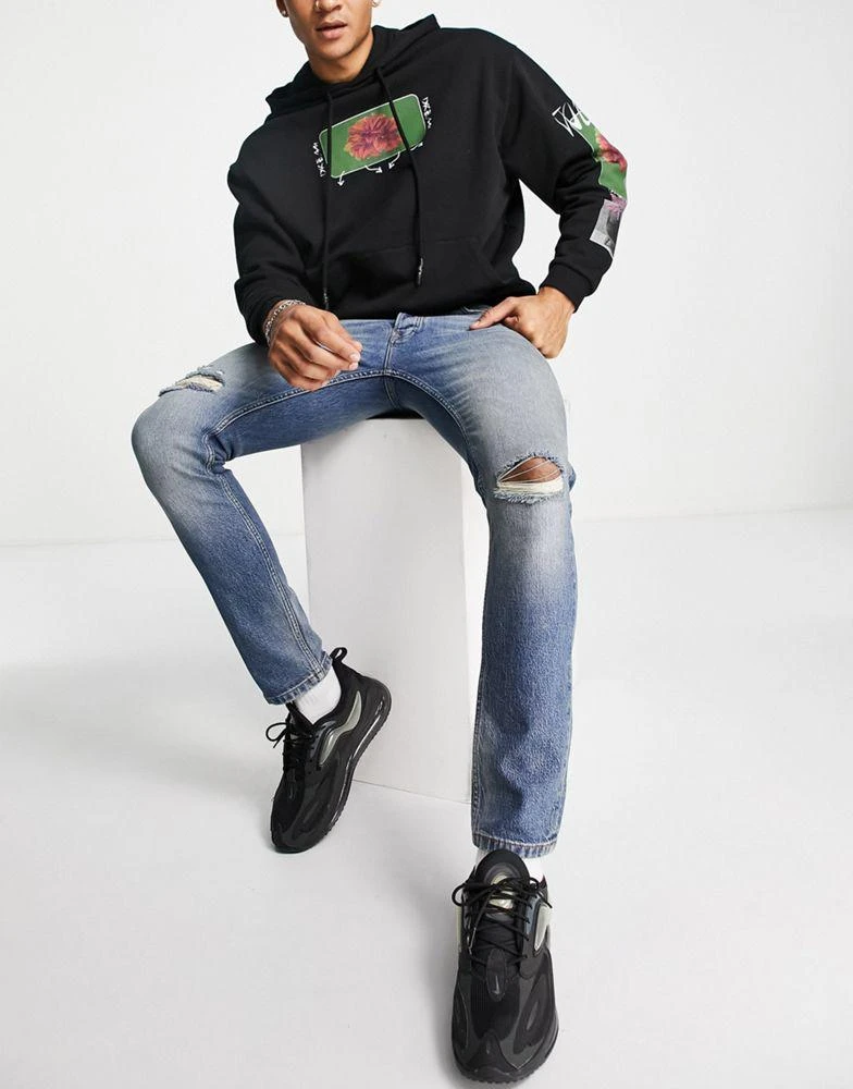 商品Topman|Topman stretch skinny rip jeans in mid wash blue,价格¥115,第1张图片