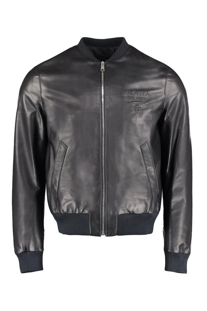 商品Prada|Prada Ribbed Hem Leather Bomber Jacket,价格¥19522,第1张图片