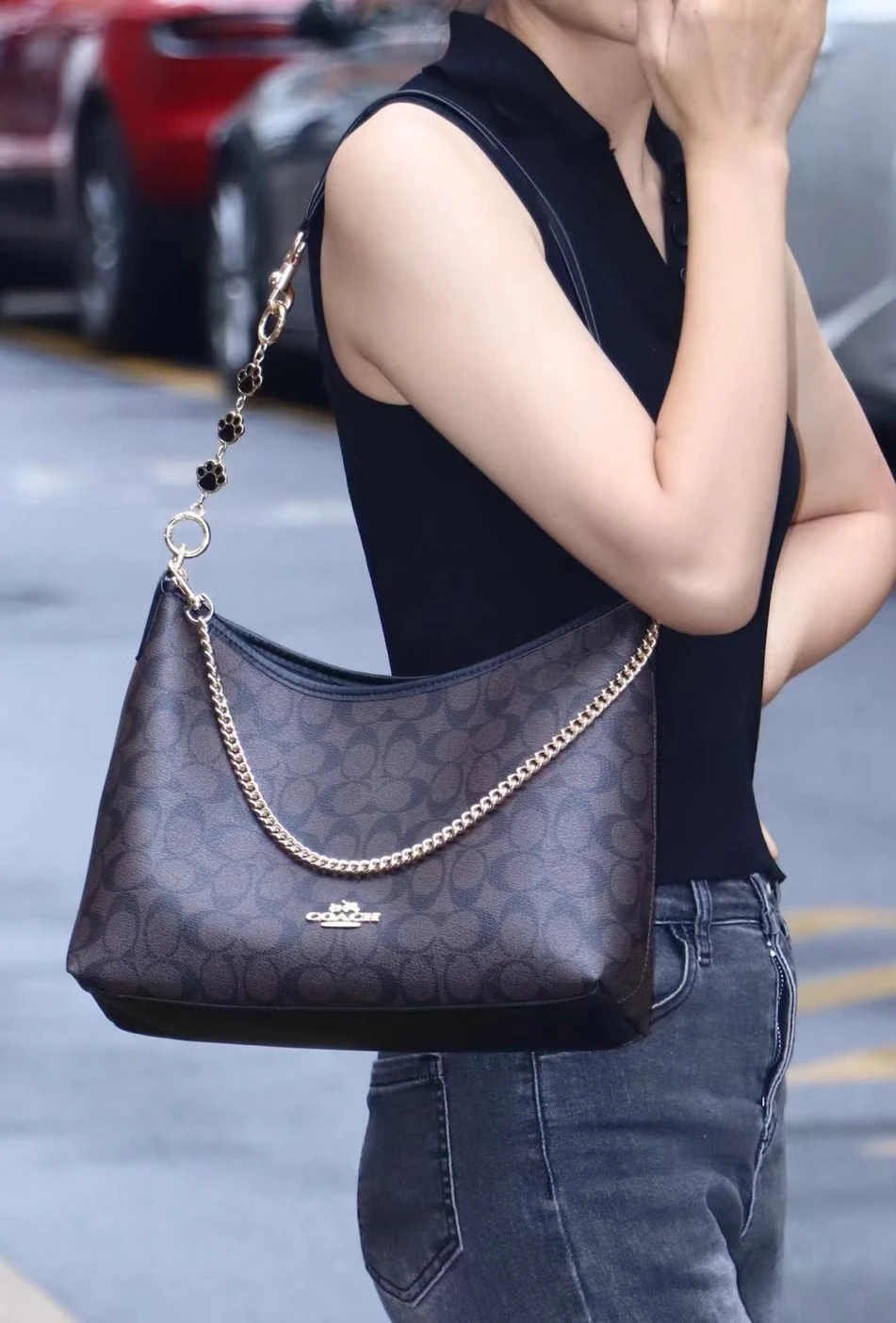 COACH蔻驰 Laurel 31 通勤大容量可拆卸肩带 标志性涂层帆布和光滑皮革 流浪包腋下包单肩斜挎手提包 大号 女款 棕黑色 商品