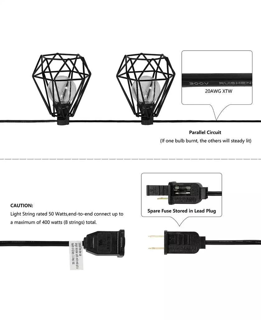 商品JONATHAN Y|10-Light Indoor and Outdoor Contemporary Transitional Incandescent G40 Diamond Cage String Lights,价格¥326,第4张图片详细描述