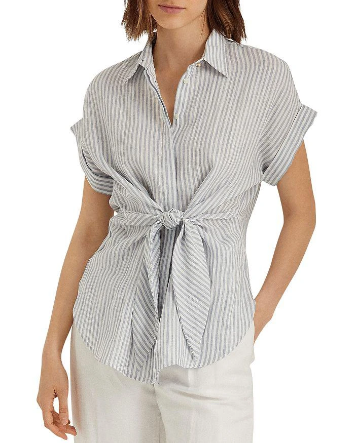 商品Ralph Lauren|Striped Tie Front Linen Shirt,价格¥371,第1张图片