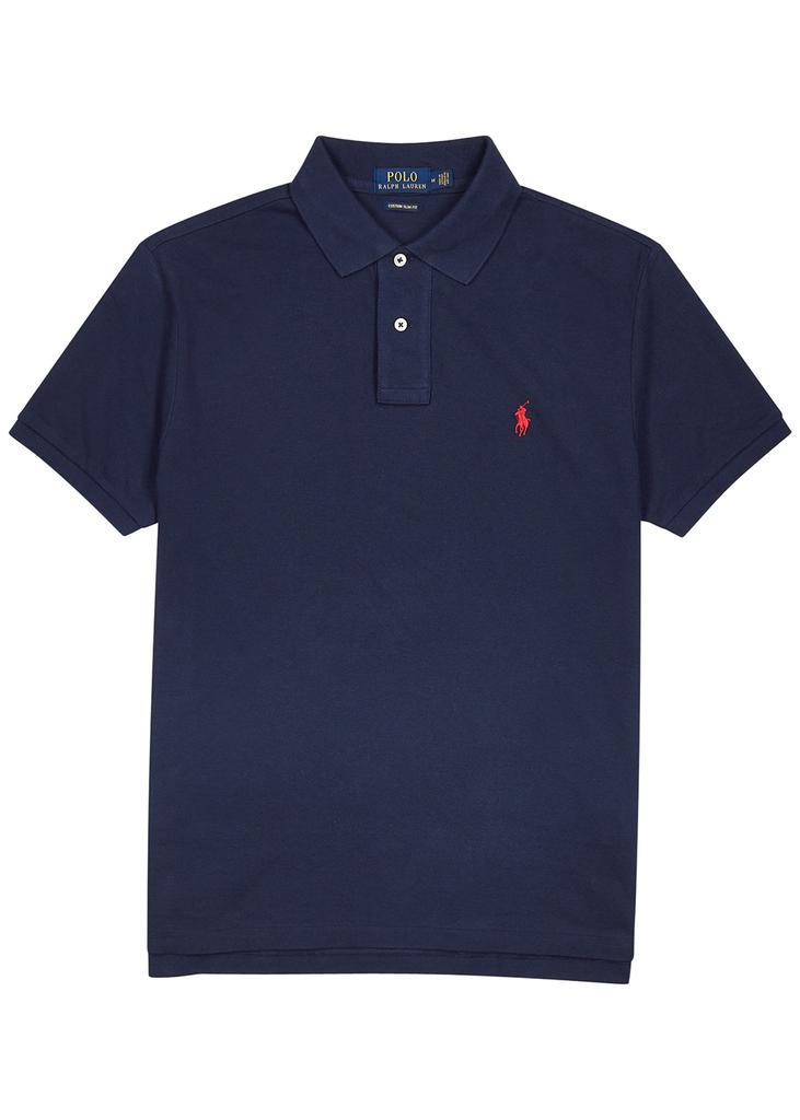 Navy custom slim piqué cotton polo shirt商品第1张图片规格展示