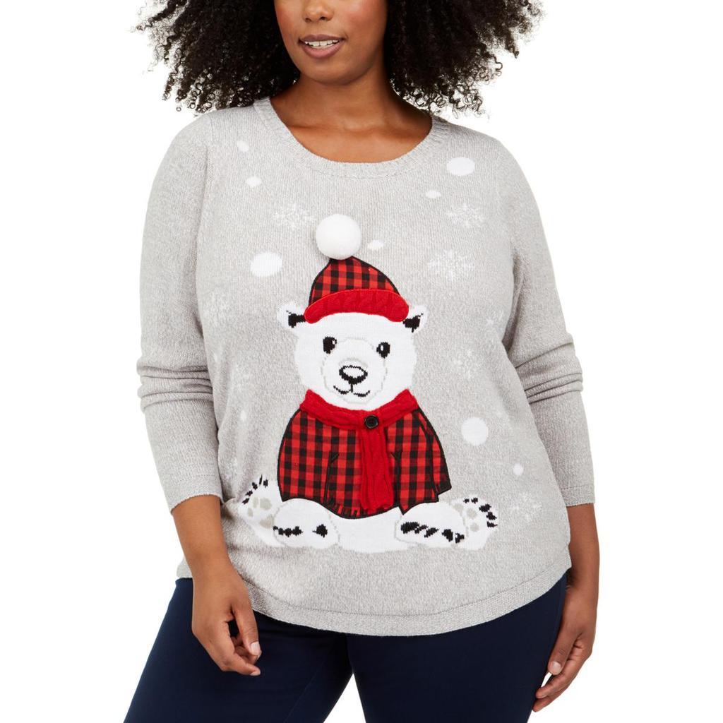商品Charter Club|Charter Club Womens Plus Buffalo Bear Plaid Festive Christmas Sweater,价格¥81,第1张图片