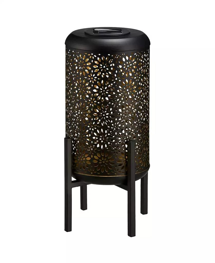 14.25" H Black and Gold-Tone Metal Cutout Flower Pattern Solar Powered LED Outdoor Lantern with Stand 商品