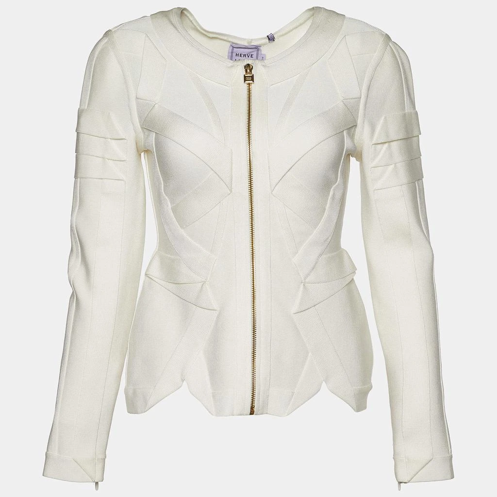 商品[二手商品] Herve Leger|Herve Leger Alabaster Knit Origami Fold Detail Viktoria Zip Up Jacket S,价格¥1257,第1张图片