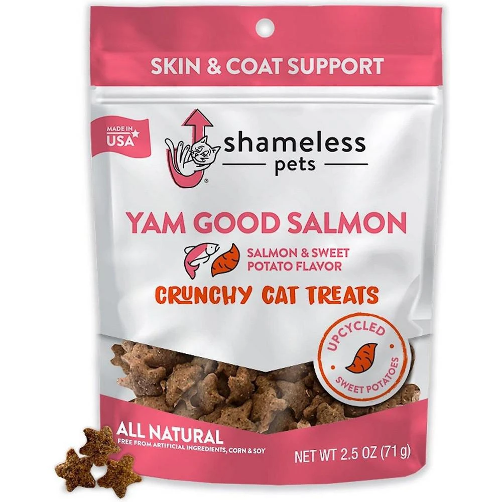 商品Shameless Pets|Cat Treats - Crunchy Treats for Cats with Catnip, Coat, & Digestive Support, Sustainable Upcycled Natural Ingredients & Real Meat, Low Calorie Healthy Feline Food | Yam Good Salmon | 2.5oz, Case of 12,价格¥283,第1张图片