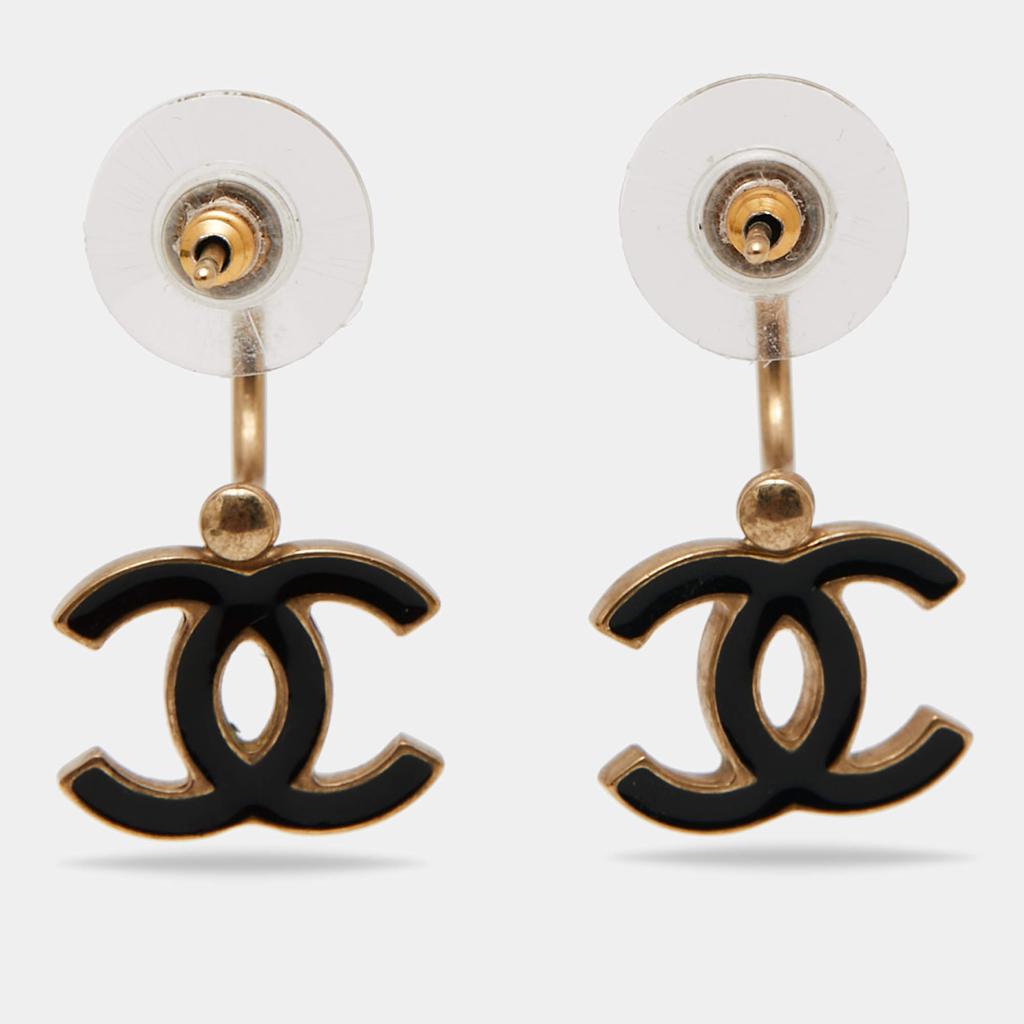 Chanel Gold Tone Black Enamel CC Drop Earrings商品第3张图片规格展示